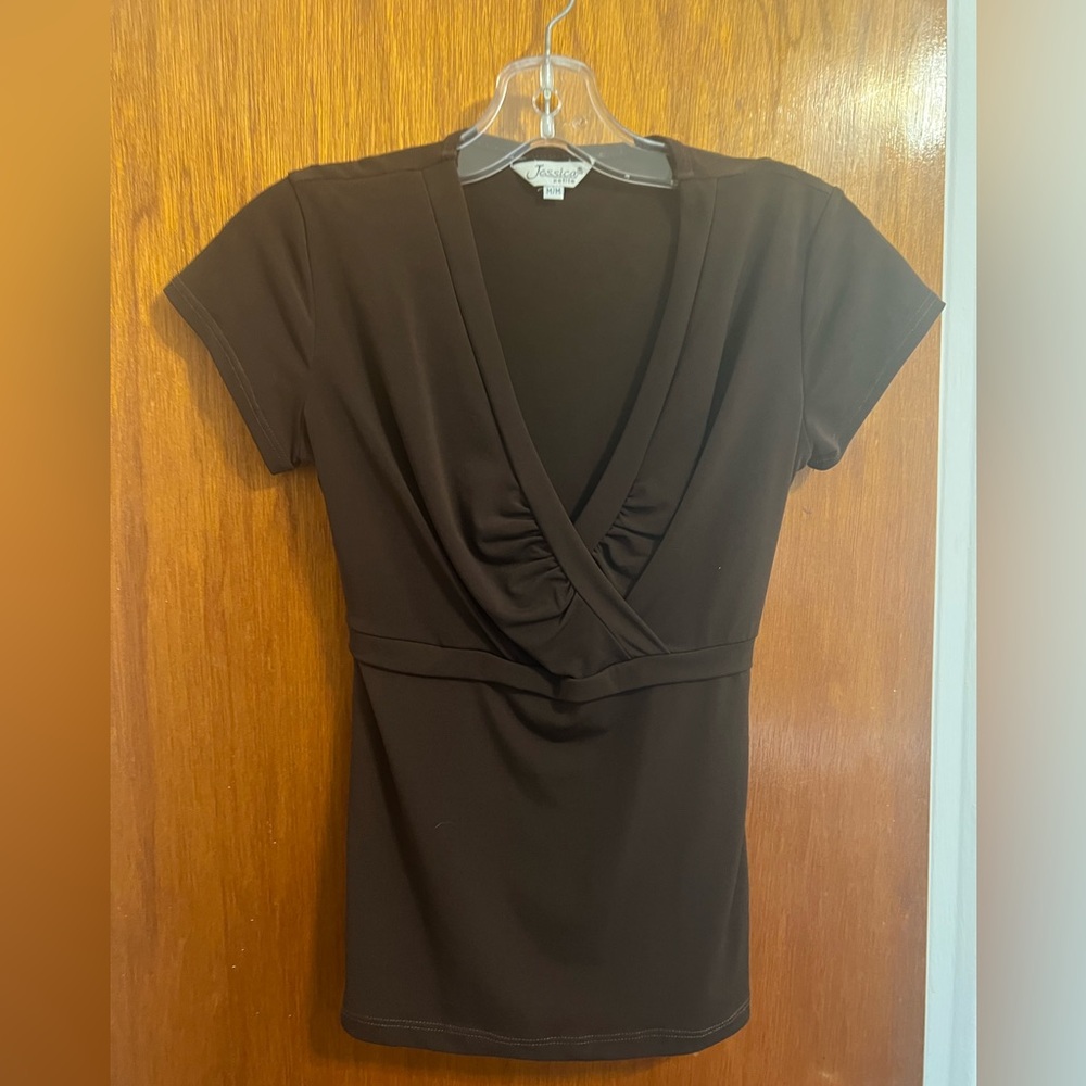 Jessica Black Wrap Blouse with V-Neck and Cap Sleeves